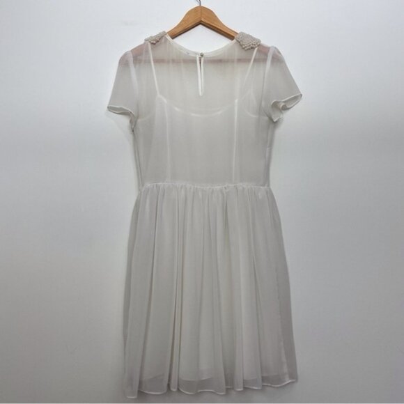 Amazing pearl white dress beaded embellishments off white short sleeves sheer M - Picture 2 of 13